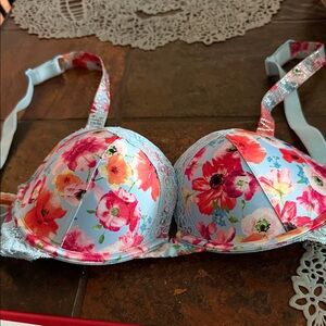 VictorFloral Light Blue Push-Up Bra with Pink & Coral Blooms